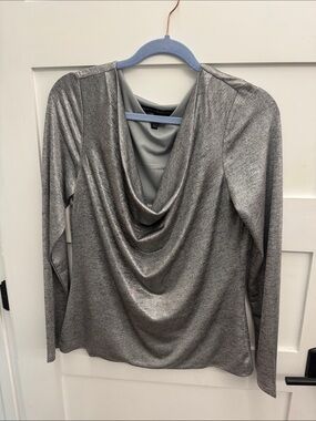 White House Black Market Silver Draped Cowl Neck Blouse
